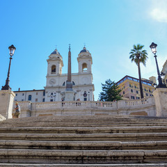 Rome Italy. Church of the trinity of the mountains. Stairway of the Trinità dei Monti in Piazza di Spagna