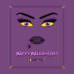 Close up of abstract woman face with pink and yellow eyes and black long lashes and eyebrows Happy Halloween beware card on purple background