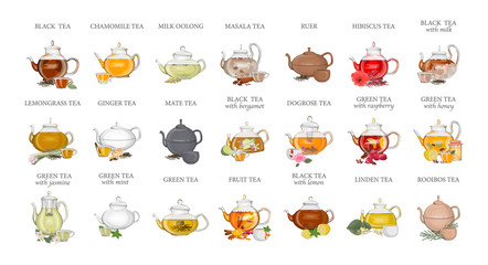 Tea types set. Kettle with hot drink