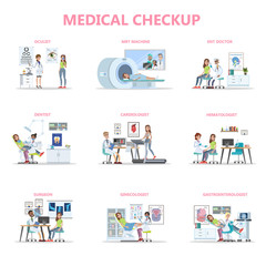 Full medical checkup set with patient and doctors
