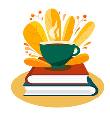 A hot cup of coffee stands on books with a decor of stylized autumn leaves and berries in the style of flat