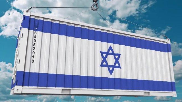 Cargo container with flag of Israel. Israeli import or export related conceptual 3D animation