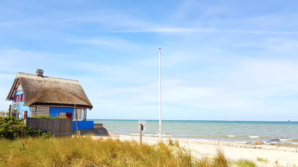 House with Roof ree or thatch on the beach - obrazy, fototapety, plakaty