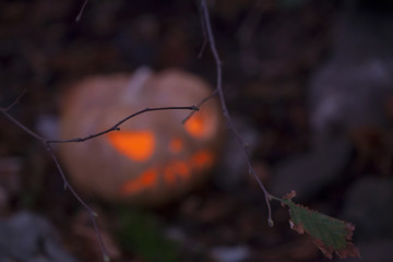 jack-o-lantern on the ground outdoors. Halloween the night