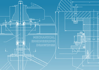 Mechanical engineering. Technical illustration. Backgrounds of engineering subjects. Technical design. Instrument making. Cover, banner. Blue and white