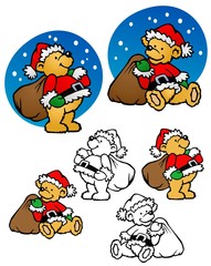 Teddy bear dressed as santa.  Santa bear with toybag.  Comes with two poses, and bonus black outline versions.