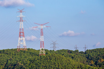 Energy transmission line view with copy space area. Royalty free. Electric power transmission is the bulk movement of electrical energy from a generating site.