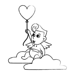 Cupid on cloud with heart shaped balloon sketch