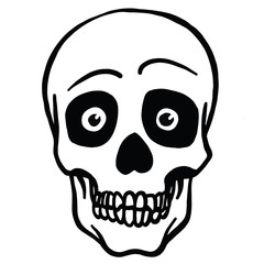 funny hand drawn vector illustration of a skull with eyes in black and white from the front