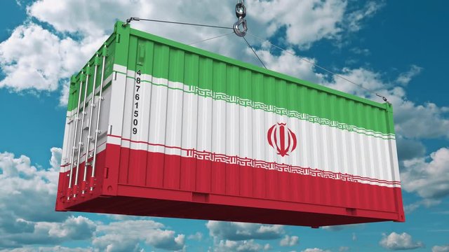 Loading cargo container with flag of Iran. Iranian import or export related conceptual 3D animation