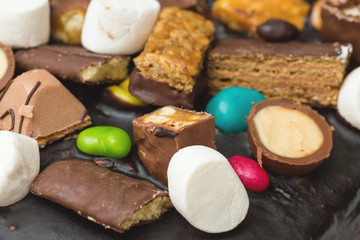 Chocolate cake candy bar closeup