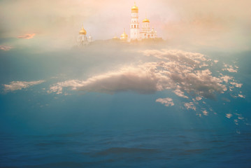 Heavenly temple in the clouds above the ocean. The concept of Christian and Catholic religion and faith. The majestic background for prayers, relaxation, meditation and calm spiritual experience