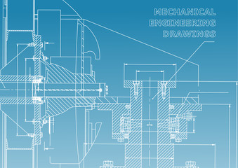 Technical illustration. Mechanical engineering. Backgrounds of engineering subjects. Technical design. Instrument making. Cover, banner, flyer. Blue and white