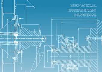 Technical illustration. Mechanical engineering. Backgrounds of engineering subjects. Technical design. Instrument making. Cover. Blue and white