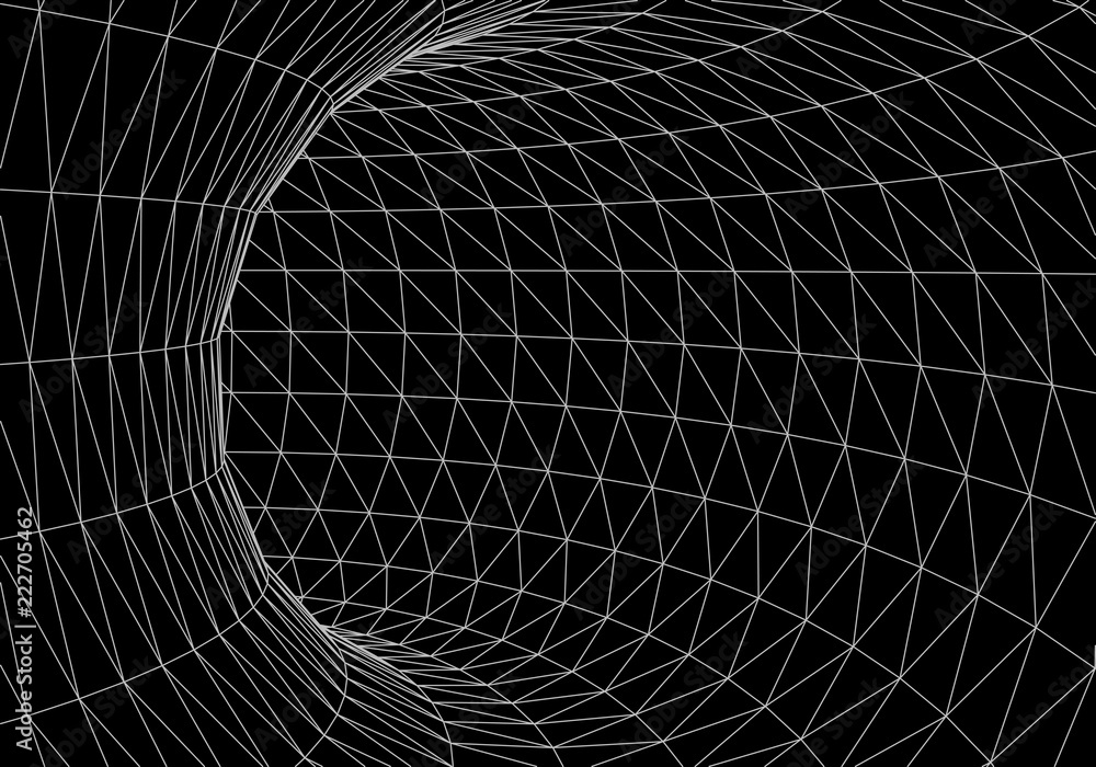 Poster tunnel or wormhole. 3d tunnel grid. futuristic perspective grid background texture. surrealism. vect