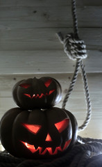 Jack-o-lantern Halloween pumpkin head. Scary evil face spooky holiday. Halloween part. Halloween attributes.