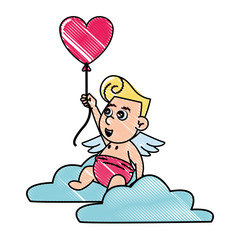 Cupid on cloud with heart shaped balloon scribble