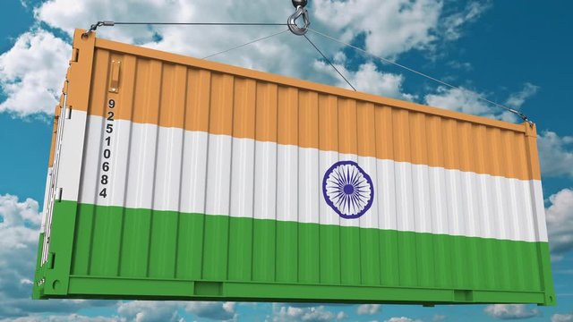 Cargo container with flag of India. Indian import or export related conceptual 3D animation
