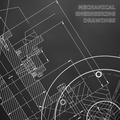 Black background. Backgrounds of engineering subjects. Technical illustration. Mechanical engineering. Technical design. Instrument making. Cover, banner, flyer