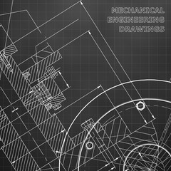 Black background. Grid. Backgrounds of engineering subjects. Technical illustration. Mechanical engineering. Technical design. Instrument making. Cover, banner, flyer
