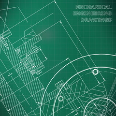 Light green background. Grid. Backgrounds of engineering subjects. Technical illustration. Mechanical engineering. Technical design. Instrument making. Cover, banner, flyer