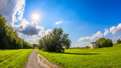 Summer landscape with a path through meadows and blue sky with bright sun in the background