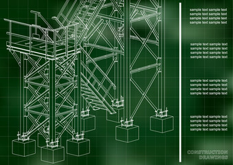 Building. Metal constructions. Volumetric constructions. 3D design. Abstract backgrounds. Cover, background, banner. Green background. Grid