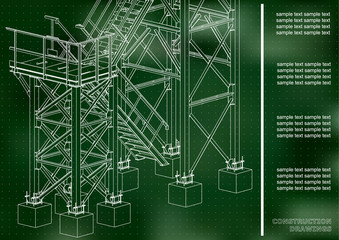 Building. Metal constructions. Volumetric constructions. 3D design. Abstract backgrounds. Cover, background, banner. Green background. Points