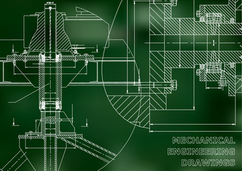 Mechanical engineering. Technical illustration. Backgrounds of engineering subjects. Technical design. Instrument making. Cover, banner, flyer. Green background. Grid