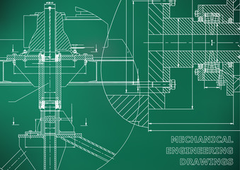 Mechanical engineering. Technical illustration. Backgrounds of engineering subjects. Technical design. Instrument making. Cover, banner, flyer. Light green background. Grid