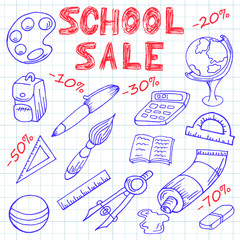 Back to school. School sale. Drawing paints on a sheet from a notebook. Hand drawing