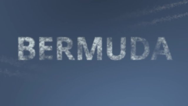 Flying airplanes reveal Bermuda caption. Vacation travel conceptual intro animation
