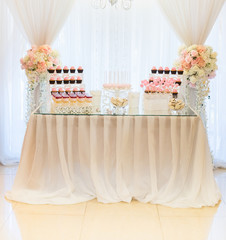 Candybar in a restaurant. Decorated of sweet pastry