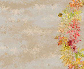 Empty Textured Surface Decorated with Autumn Leaves. Watercolor Autumnal Template with Painted Effects and Text Space  for Print, Background, Announcement, Advertisement, poster, Greeting Card, etc.