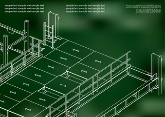 Building. Metal constructions. Volumetric constructions. 3D design. Abstract. Green background. Grid