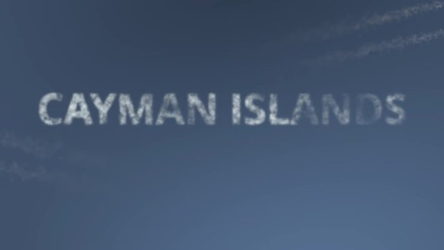 Flying airplanes reveal Cayman Islands caption. Vacation travel conceptual intro animation