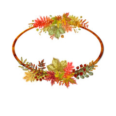 Naklejka na ściany i meble Ellipse Frame Decorated with Two Autumn Leaves Vignettes.