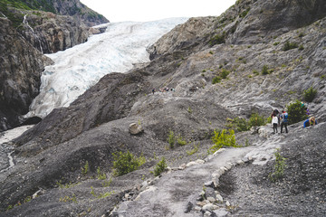 View of Exit Glacier near Seward, AK on an overcast day at the beginning of the Harding Ice Field trail in Kenai Fjords National Park