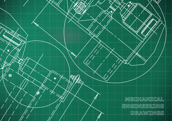 Mechanical Engineering drawing. Blueprints. Mechanics. Cover. Engineering design, instrumentation. Light green background. Grid