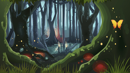 Naklejka premium Fantasy Forest Ilustracja Ciemna noc magiczne drzewa