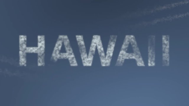 Flying airplanes reveal Hawaii caption. Vacation travel conceptual intro animation