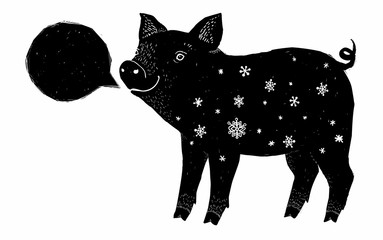Black pig ink grunge silhouette with white snowflakes and speech bubble frame isolated on white