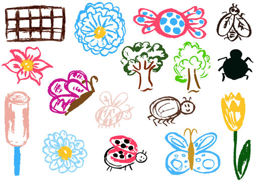 Design elements of packaging, postcards, wraps, covers. Sweet children's creativity. Flower, butterfly, bug, spider, fly, ladybug, ice cream, tree, candy, chocolate, tulip