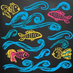 A set of elements for your creativity. Children's drawings wax crayons on a black background. Waves and fishes