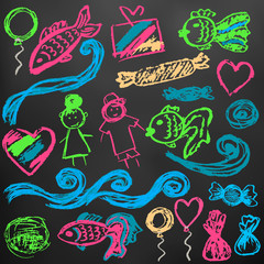 A set of elements for your creativity. Children's drawings wax crayons on a black background. Waves, fish, people, sweets