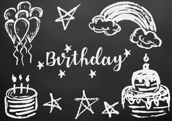 Happy Birthday. Greeting card, flyer, banner. Drawing chalk on a black board. Cake, candles, stars, air balls, rainbow