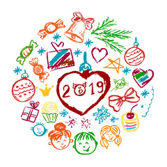 New Year 2019. New Year's set of elements for your creativity. Children's drawings of wax crayons on a white background. Christmas tree, Christmas tree, candy, gifts, children, 2019