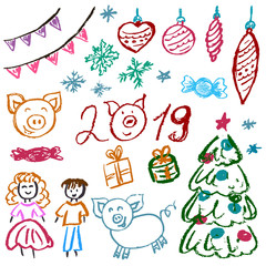 Fototapeta na wymiar New Year 2019. New Year's set of elements for your creativity. Children's drawings of wax crayons on a white background. Christmas tree, fur-tree toys, candy, gifts, children, 2019, pig