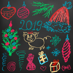 New Year 2019. New Year's set of elements for your creativity. Children's drawings wax crayons on a black background. Snowflakes, gifts, Christmas tree, Christmas toys, candy, Christmas hat, 2019, pig