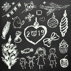 New Year 2019. New Year's set of elements for your creativity. Children's drawings with white chalk on a black background. Christmas tree, fur-tree toys, candy, gifts, children, 2019, family